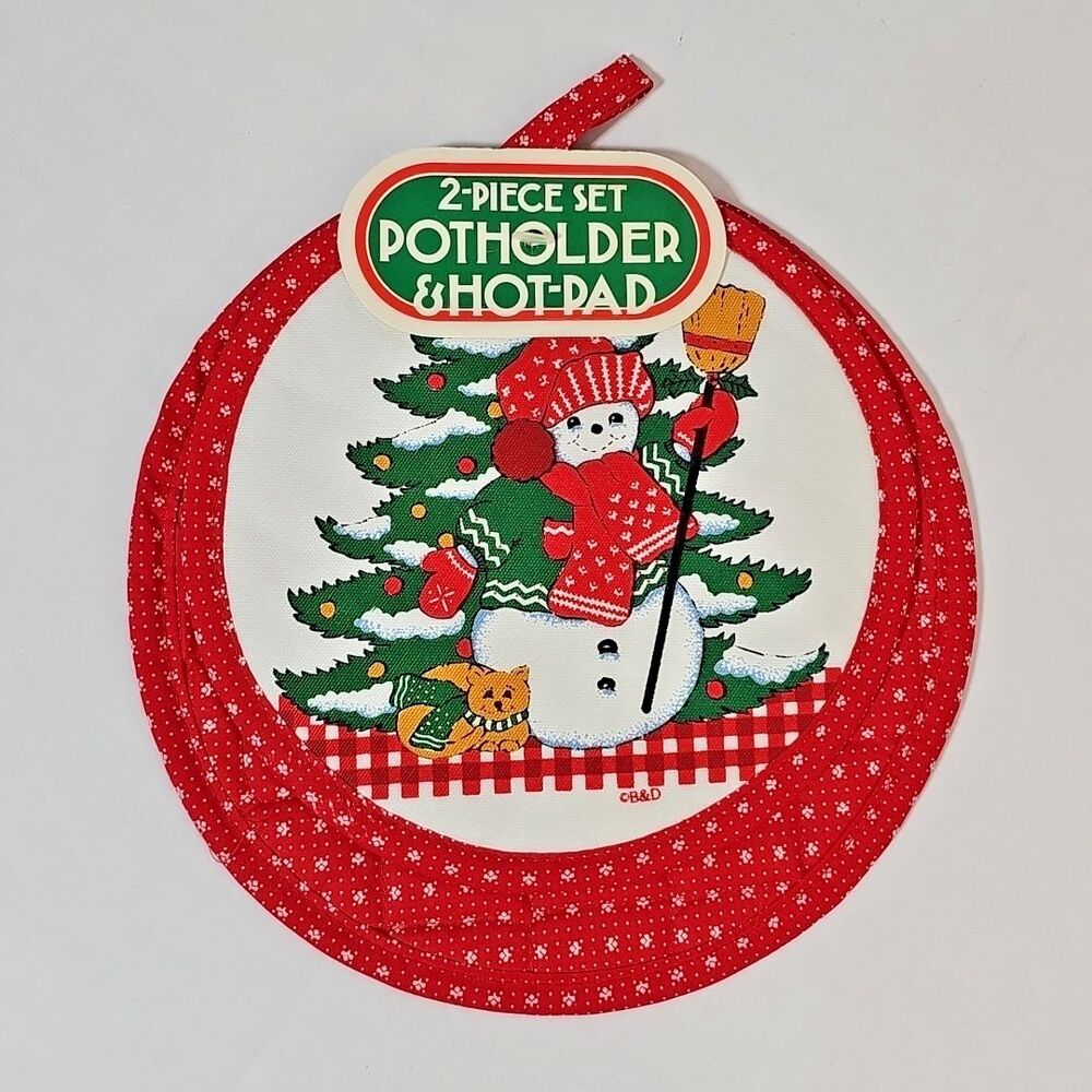 Vtg B & D Christmas Snowman Pot Holder Hot Pad Set NOS Tree Cat Kitchen Kitsch